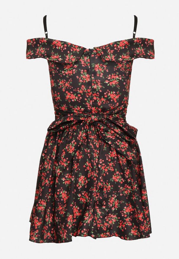 Born2be - Czarno-Czerwona Sukienka w Kwiaty na Regulowanych Ramiączkach z Hiszpańskim Dekoltem Risanille. Okazja: na co dzień. Kolor: czarny. Materiał: tkanina. Długość rękawa: na ramiączkach. Wzór: kwiaty. Sezon: lato. Styl: elegancki, casual