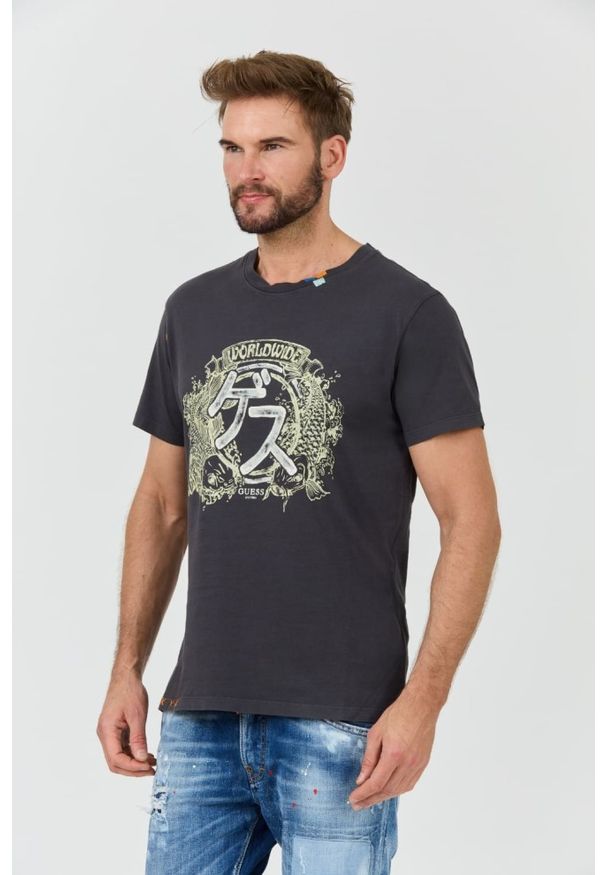 Guess - GUESS Szary męski t-shirt bawełniany Japanese Ideog, Rozmiar M. Kolor: szary. Materiał: bawełna