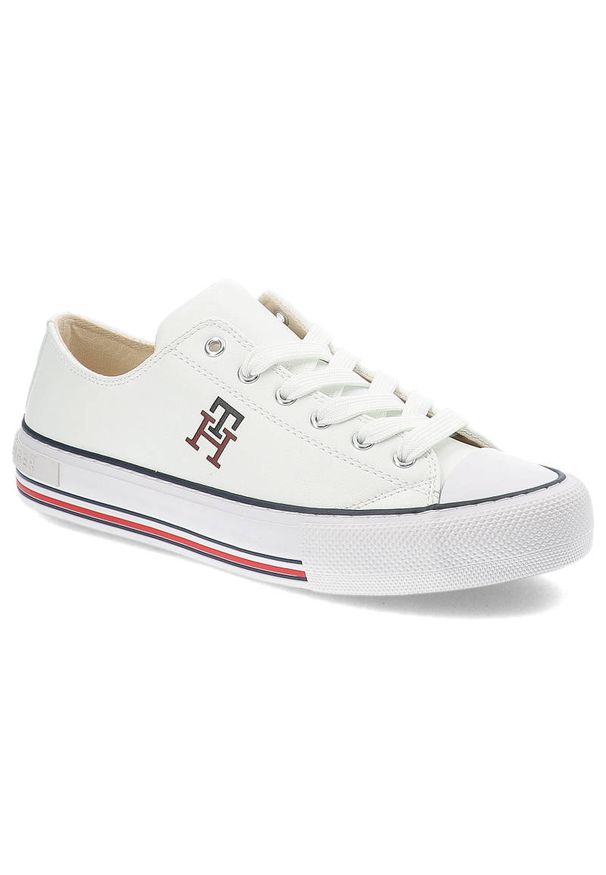 TOMMY HILFIGER - Białe Trampki Tommy Hilfiger Modne Buty Damskie. Okazja: do pracy, na uczelnię. Kolor: biały. Materiał: materiał, skóra ekologiczna. Szerokość cholewki: normalna. Wzór: aplikacja. Styl: sportowy