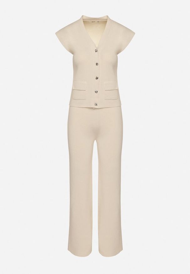 Born2be - Jasnobeżowy Komplet Kamizelka na Guziki i Proste Spodnie z Gumką w Pasie Anniola. Kolor: beżowy