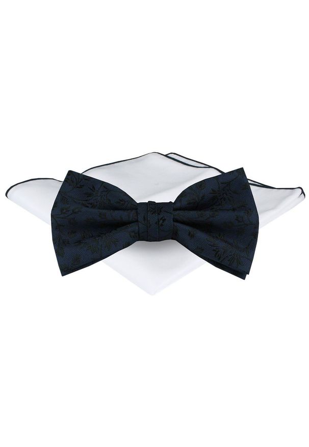 Mucha Męska z Poszetką - Chattier - Granatowa w Czarne Kwiaty. Kolor: niebieski. Wzór: kwiaty. Styl: elegancki, sportowy