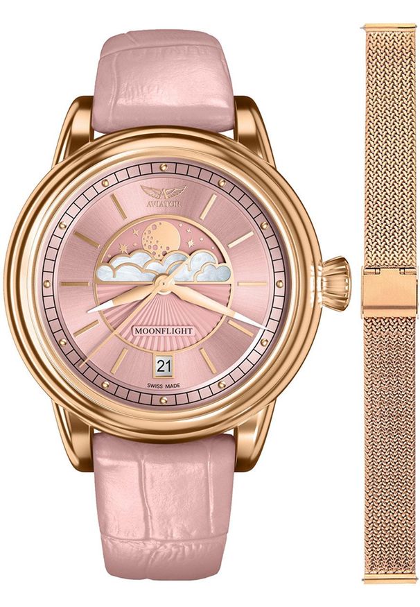 AVIATOR - Zegarek damski Aviator V.1.33.2.258.4-SET różowe złoto. Kolor: złoty, wielokolorowy, różowy