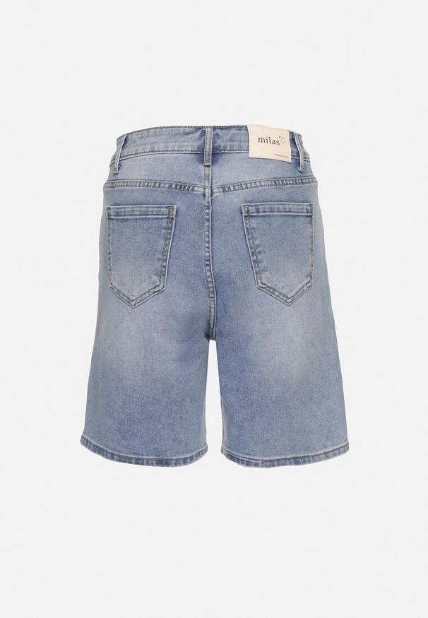 Born2be - Niebieskie Jeansowe Szorty Bermudy z Wysokim Stanem Tenilorea. Okazja: na co dzień. Stan: podwyższony. Kolor: niebieski. Materiał: jeans. Wzór: aplikacja. Styl: casual, elegancki, klasyczny