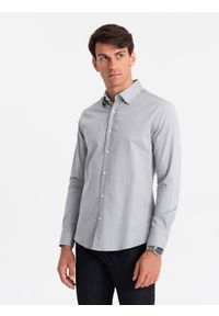 Ombre Clothing - Męska koszula SLIM FIT z ozdobnej tkaniny – szara V2 OM-SHCS-0175 - XXL. Okazja: do pracy, na co dzień. Kolor: szary. Materiał: tkanina. Wzór: haft, ze splotem, aplikacja. Styl: casual, klasyczny #4