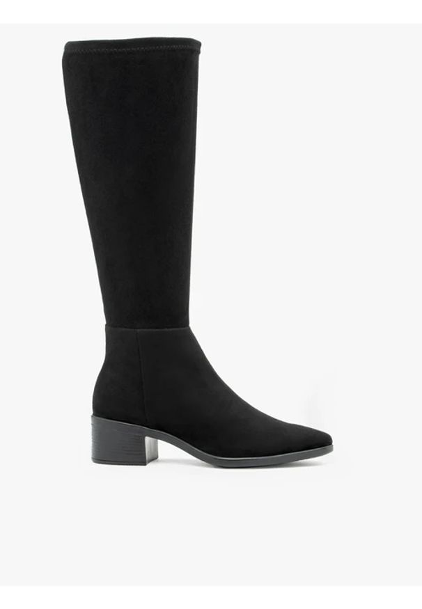 Ryłko - Czarne elastyczne kozaki z szeroką cholewką. Okazja: na co dzień. Zapięcie: zamek. Kolor: czarny. Materiał: syntetyk. Szerokość cholewki: szeroka. Obcas: na obcasie. Styl: street, sportowy, casual. Wysokość obcasa: średni