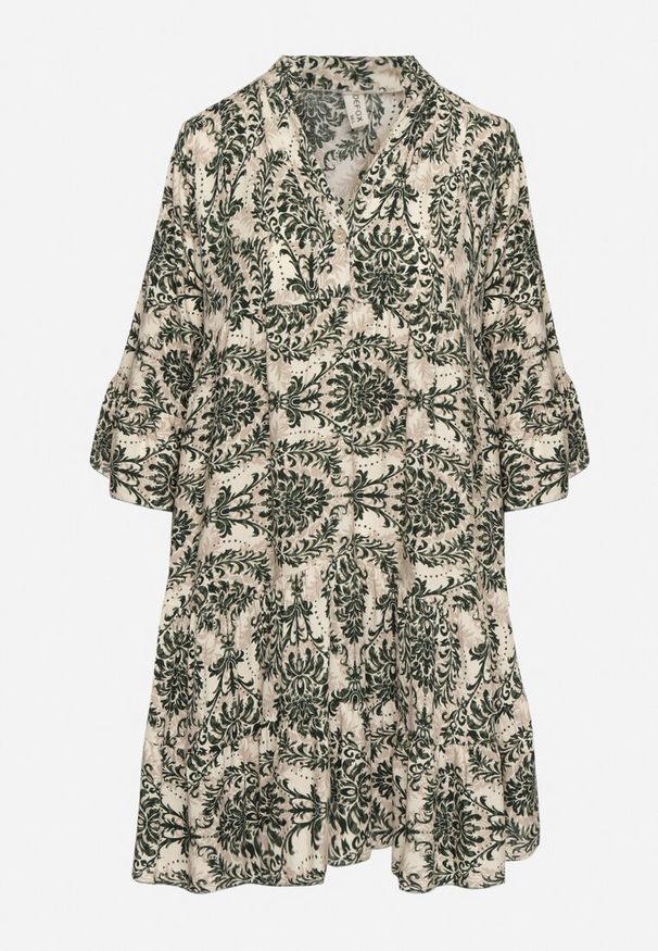 Born2be - Ciemnozielona Rozkloszowana Sukienka z Bawełny z Falbanami w Ornamentalny Wzór Lanoreth. Okazja: na co dzień, na spacer. Typ kołnierza: dekolt w serek. Kolor: zielony. Materiał: bawełna. Typ sukienki: proste, rozkloszowane. Styl: klasyczny, casual