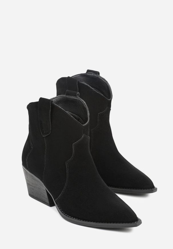 Renee - Czarne Botki Kowbojki na Stożku ze Skóry Naturalnej Liravetta. Okazja: na co dzień. Kolor: czarny. Materiał: skóra. Obcas: na stożku. Styl: elegancki, casual. Wysokość obcasa: średni