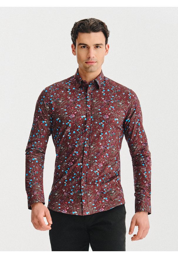 Pako Lorente - PAKO LORENTE – Bordowa koszula w kwiaty. Kolor: czerwony. Materiał: elastan, bawełna. Długość rękawa: długi rękaw. Długość: długie. Wzór: kwiaty