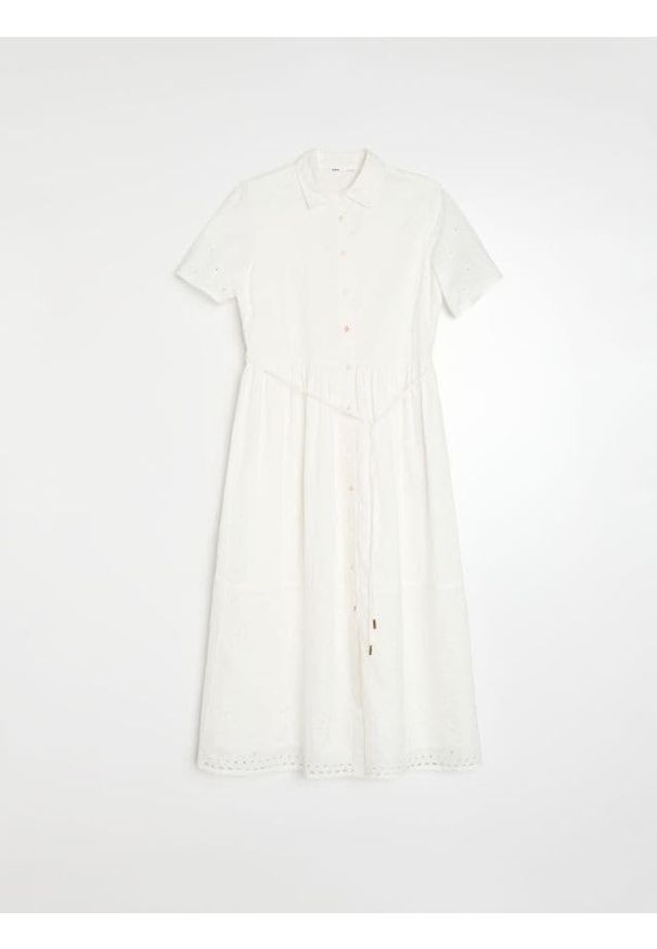 Sinsay - Bawełniana sukienka midi z ażurowymi detalami - biały. Kolor: biały. Materiał: bawełna. Wzór: ażurowy. Długość: midi