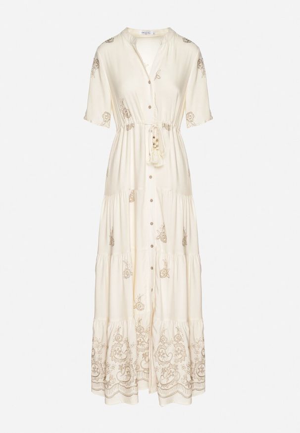 Born2be - Beżowa Wiskozowa Sukienka Boho o Rozkloszowanym Kroju z Haftem i Wiązaniem Lilvanis. Okazja: na co dzień. Typ kołnierza: dekolt w serek. Kolor: beżowy. Materiał: wiskoza. Długość rękawa: krótki rękaw. Wzór: haft. Styl: boho