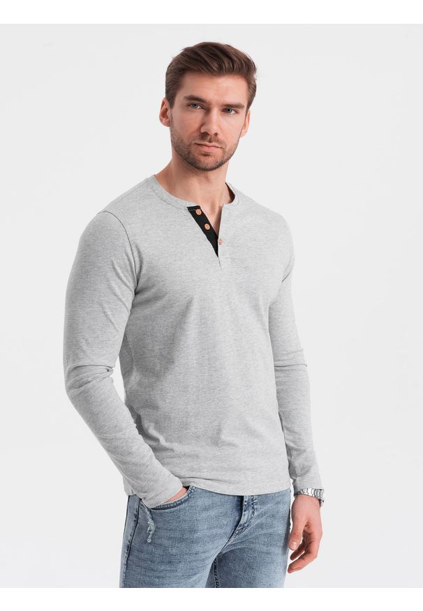 Ombre Clothing - Męski longsleeve z guzikami przy dekolcie - szary melanż V8 OM-LSCL-0107 - XXL. Okazja: na co dzień. Kolor: szary. Materiał: dzianina, jersey, bawełna. Długość rękawa: długi rękaw. Wzór: melanż. Styl: klasyczny, casual