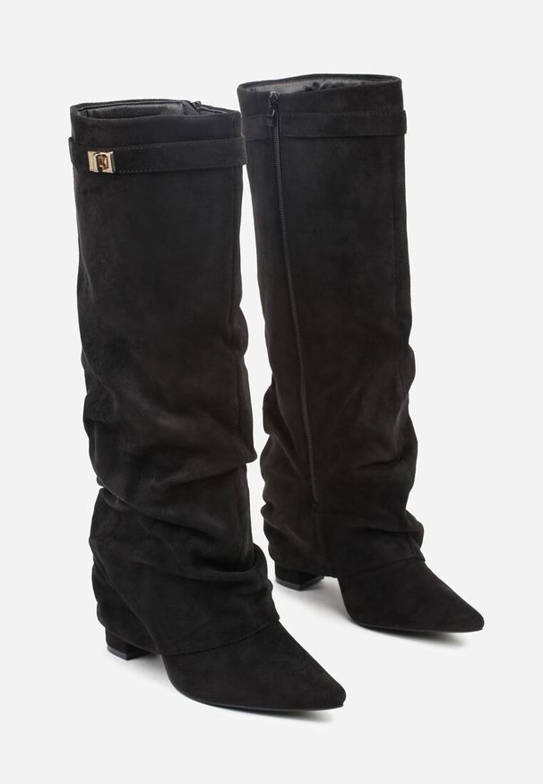 Renee - Czarne Marszczone Kozaki na Słupkowym Obcasie z Wywiniętą Cholewką Runella. Okazja: na imprezę, na co dzień. Kolor: czarny. Materiał: jeans, skóra. Szerokość cholewki: normalna. Obcas: na obcasie. Styl: casual, elegancki. Wysokość obcasa: średni