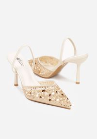 Renee - Beżowe Szpilki Slingback Zdobione Perełkami i Cekinami Irifera. Okazja: na studniówkę, na co dzień. Zapięcie: bez zapięcia. Kolor: beżowy. Materiał: satyna, jeans. Wzór: aplikacja. Obcas: na szpilce. Styl: casual, elegancki #5