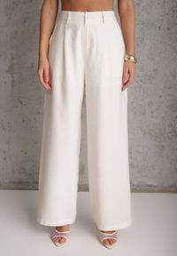 Renee - Biały Wiskozowy Komplet z Lnem Spodnie Wide Leg i Bluzka o Kroju Marynarki Daprise. Kolor: biały. Materiał: wiskoza, len #8