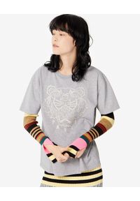 Kenzo - KENZO - Szary t-shirt z tygrysem. Okazja: na co dzień. Kolor: szary. Materiał: jeans, bawełna. Wzór: aplikacja, paski, haft. Styl: casual, sportowy #1