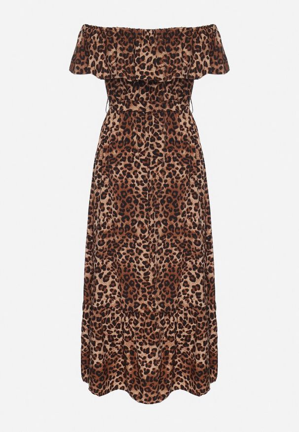 Born2be - Brązowa Sukienka Hiszpanka w Panterkę o Rozkloszowanym Kroju z Gumką w Talii Giterta. Okazja: na co dzień. Typ kołnierza: dekolt hiszpanka. Kolor: brązowy. Wzór: motyw zwierzęcy. Typ sukienki: rozkloszowane. Styl: casual, elegancki