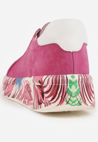 Renee - Fuksjowe Skórzane Sneakersy na Plaformie w Pióra z Perforacją Tidessa. Okazja: na co dzień. Kolor: różowy. Materiał: skóra. Wzór: aplikacja #3