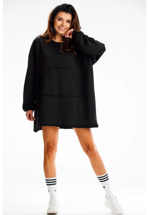 Infinite You - Bluza damska oversize długa z kieszenią kangurka czarna. Okazja: na co dzień. Kolor: czarny. Długość: długie. Styl: casual