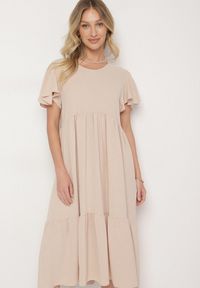 Born2be - Jasnobeżowa Sukienka o Rozkloszowanym Kroju z Wiskozą Filastia. Okazja: na co dzień. Typ kołnierza: dekolt w kształcie V. Kolor: beżowy. Materiał: wiskoza. Długość rękawa: krótki rękaw. Typ sukienki: rozkloszowane. Styl: klasyczny, casual, elegancki #5