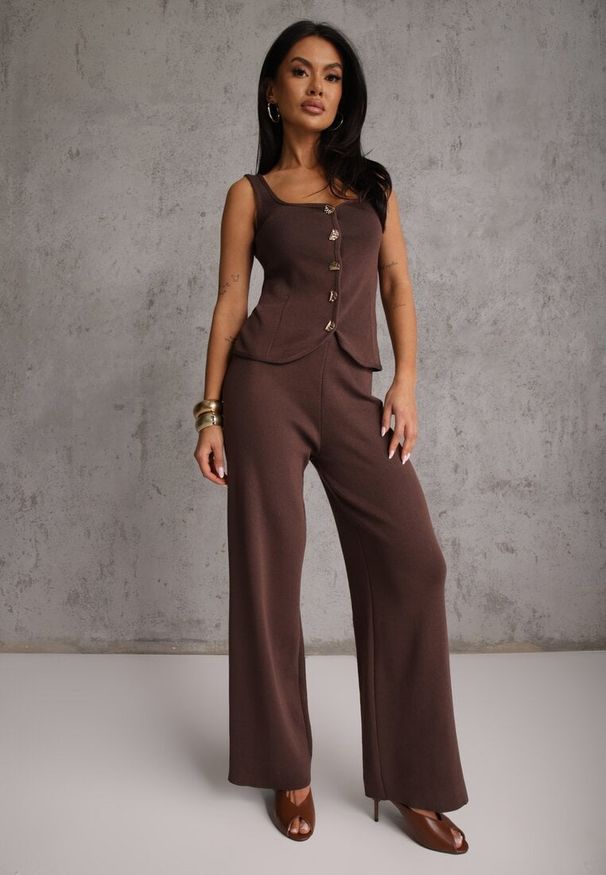 Renee - Brązowy Komplet z Dzianiny z Wiskozą Spodnie Wide Leg i Top z Guzikami Merice. Kolor: brązowy. Materiał: dzianina, wiskoza