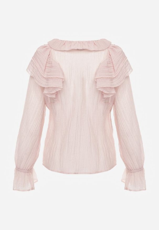 Renee - Różowa Bluzka z Lyocellem w Stylu Boho z Wiązaniem pod Szyją i Falbanami Tasimi. Okazja: na co dzień. Kolor: różowy. Materiał: jeans. Styl: boho