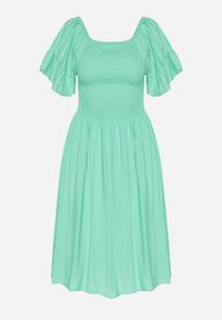 Born2be - Jasnozielona Rozkloszowana Sukienka Bawełniana z Bufiastymi Rękawami i Elastyczną Górą Veliova. Okazja: na co dzień. Kolor: zielony. Materiał: bawełna. Styl: elegancki, casual #5