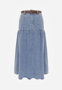 Renee - Niebieska Jeansowa Spódnica z Bawełny Ozdobiona Paskiem z Plecionki Ocearos. Okazja: na co dzień. Kolor: niebieski. Materiał: bawełna, jeans. Wzór: aplikacja. Styl: elegancki, casual #4