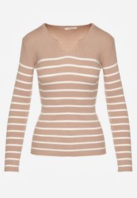 Renee - Beżowa Bluzka z Bawełną z Motywem Pasków i Guzikami Serisse. Okazja: na co dzień, na spotkanie biznesowe, do pracy. Kolor: beżowy. Materiał: bawełna. Wzór: paski. Styl: casual, biznesowy #2