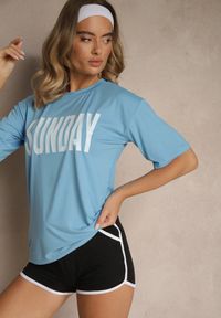 Renee - Niebiesko-Czarny Komplet T-shirt z Nadrukiem i Szorty w Sportowym Stylu Aravire. Kolor: niebieski. Materiał: jeans. Wzór: nadruk #4