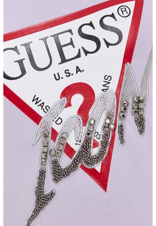 Guess longsleeve damski kolor fioletowy. Okazja: na co dzień. Kolor: fioletowy. Materiał: dzianina. Długość rękawa: długi rękaw. Wzór: aplikacja. Styl: casual