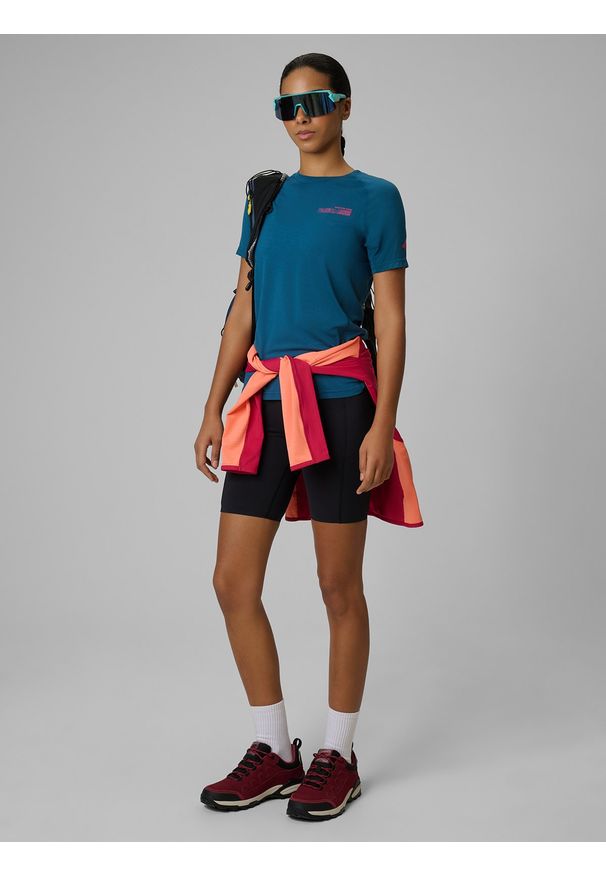 4f - 4F Koszulka trekkingowa regular szybkoschnąca damska - turkusowa XS. Okazja: do pracy. Kolor: turkusowy. Materiał: tkanina, włókno. Długość rękawa: raglanowy rękaw. Długość: długie. Sezon: lato