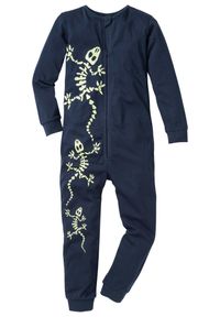 bonprix - Piżama jednoczęściowa z czystej bawełny. Kolor: niebieski. Materiał: bawełna. Wzór: nadruk, prążki #1