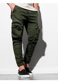 Ombre Clothing - Spodnie męskie joggery P996 - khaki - L. Kolor: brązowy. Materiał: bawełna, elastan