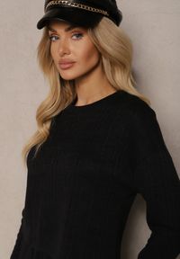 Renee - Czarny Dzianinowy Komplet z Wiskozą Bluzka i Spódnica Ozdobiona Rozcięciem Ilirina. Kolor: czarny. Materiał: dzianina, wiskoza. Wzór: aplikacja #4