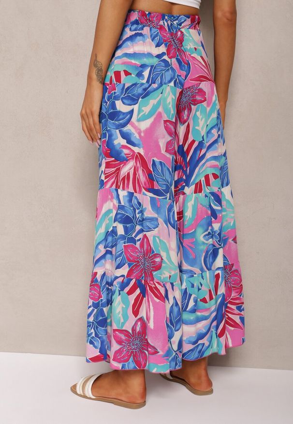 Renee - Niebiesko-Różowe Wiskozowe Spodnie z Wysokim Stanem i Szerokimi Nogawkami z Gumką w Talii Nansialia. Okazja: na co dzień. Stan: podwyższony. Kolor: niebieski. Materiał: wiskoza. Styl: casual, elegancki