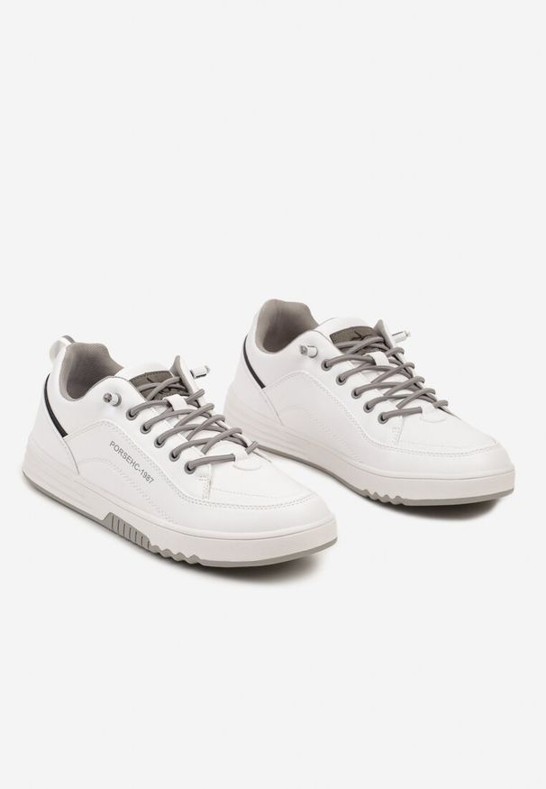 Born2be - Biało-Szare Sznurowane Płaskie Buty Sportowe Sneakersy z Tłoczoną Podeszwą Elianne. Okazja: na spotkanie biznesowe. Kolor: biały. Materiał: jeans