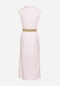 Born2be - Jasnoróżowa Bawełniana Sukienka Koszulowa z Gumką w Talii i Paskiem z Klamrą Xalorea. Kolor: różowy. Materiał: bawełna. Wzór: paski. Typ sukienki: koszulowe #6