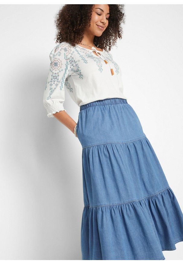 bonprix - Spódnica dżinsowa z falban. Kolor: niebieski