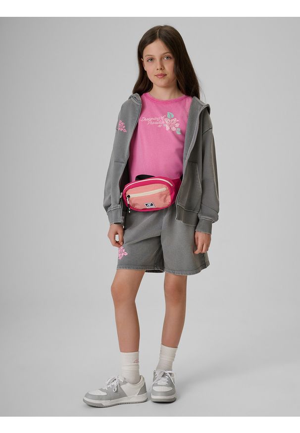 4f - 4F Bluza dresowa loose z kapturem dziewczęca - szara 134/140 (8-10 lat). Okazja: na co dzień. Typ kołnierza: kaptur. Kolor: szary. Materiał: dresówka. Wzór: nadruk. Sezon: lato. Styl: wakacyjny, casual