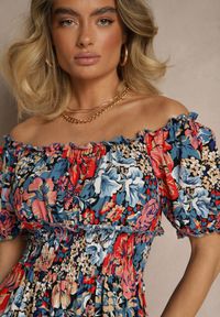 Renee - Niebiesko-Czarna Rozkloszowana Sukienka Mini z Gumkami w Pasie i Krótkimi Rękawami z Wiskozy Merrelle. Typ kołnierza: dekolt hiszpanka, kołnierz z falbankami. Kolor: niebieski. Materiał: wiskoza. Długość rękawa: krótki rękaw. Sezon: lato, wiosna. Długość: mini #5