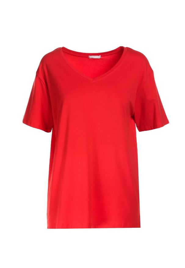 Born2be - Czerwony T-shirt Genilin. Okazja: na co dzień. Typ kołnierza: dekolt w serek, dekolt w kształcie V. Kolekcja: plus size. Kolor: czerwony. Długość: krótkie. Wzór: gładki. Materiał: jeans, dzianina. Długość rękawa: krótki rękaw. Styl: casual, klasyczny, wizytowy
