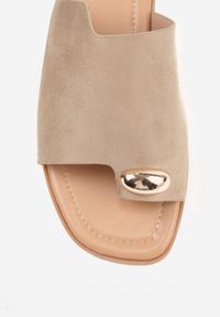 Renee - Ciemnobeżowe Płaskie Klapki VICES z Paskiem na Duży Palec i Metaliczną Ozdobą Nesassea. Okazja: na co dzień. Kolor: beżowy. Materiał: len, zamsz. Wzór: aplikacja. Sezon: lato. Styl: boho, elegancki, casual #2