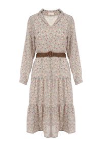 Born2be - Jasnoniebieska Sukienka Ampissa. Typ kołnierza: kołnierz z falbankami. Kolor: niebieski. Wzór: nadruk, aplikacja, kwiaty. Styl: klasyczny. Długość: midi #3