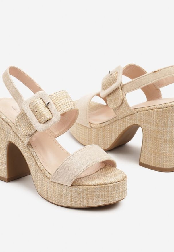 Born2be - Beżowe Sandały na Słupku z Klamerką i Tweedowym Wzorem Marilse. Okazja: na co dzień, na imprezę. Kolor: beżowy. Materiał: jeans. Obcas: na słupku. Styl: elegancki, casual