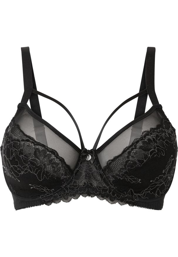 bonprix - Biustonosz minimizer z delikatną koronką. Kolor: czarny. Materiał: poliamid, koronka. Wzór: koronka