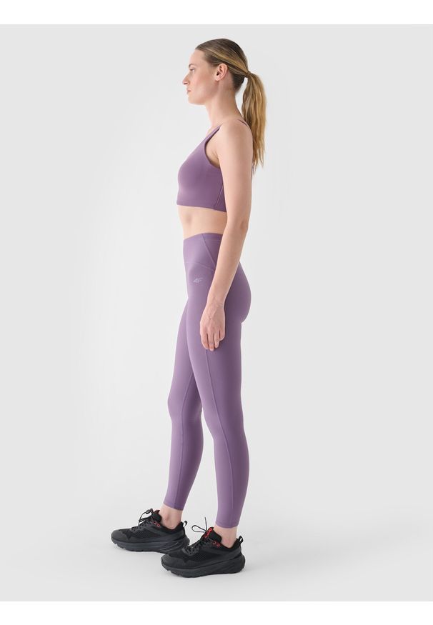 4f - 4F Legginsy treningowe z wysokim stanem damskie - fioletowe L. Stan: podwyższony. Kolor: fioletowy. Materiał: włókno, elastan, dzianina, materiał, syntetyk. Wzór: jednolity. Sport: fitness