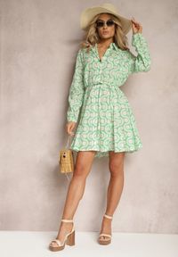 Renee - Zielono-Beżowa Koszulowa Sukienka z Bawełny z Geometrycznym Wzorem Vearil. Kolor: zielony. Materiał: bawełna. Wzór: geometria. Typ sukienki: koszulowe #4