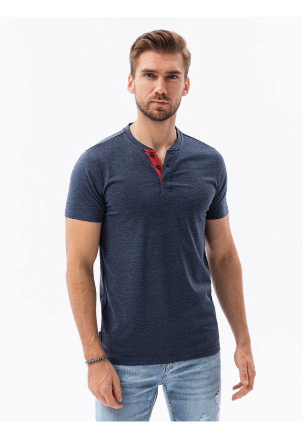 Ombre Clothing - T-shirt męski bez nadruku S1390 - granatowy - XXL. Typ kołnierza: polo. Kolor: niebieski. Materiał: bawełna, jeans, poliester