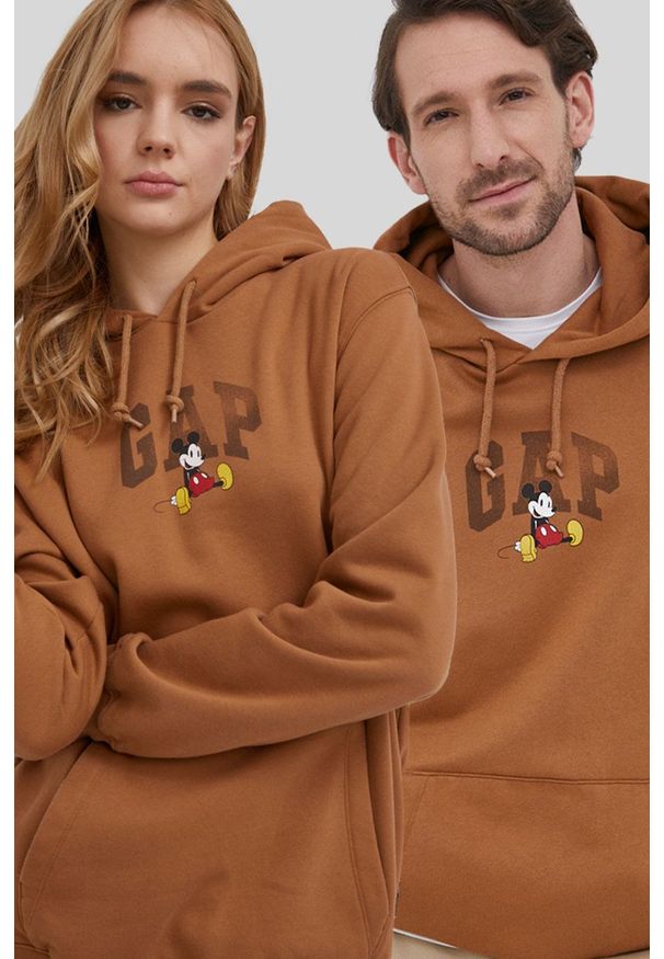 GAP Bluza x Disney kolor brązowy z kapturem z nadrukiem. Typ kołnierza: kaptur. Kolor: brązowy. Materiał: poliester, dzianina. Wzór: nadruk, motyw z bajki
