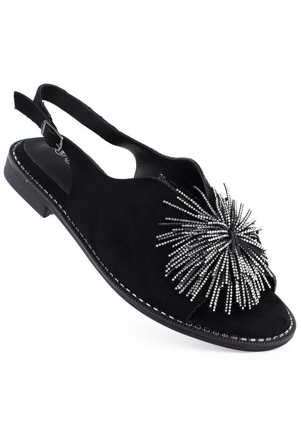 POTOCKI - Sandały damskie zabudowane z cekinami czarne Potocki 43349. Kolor: czarny. Materiał: tkanina